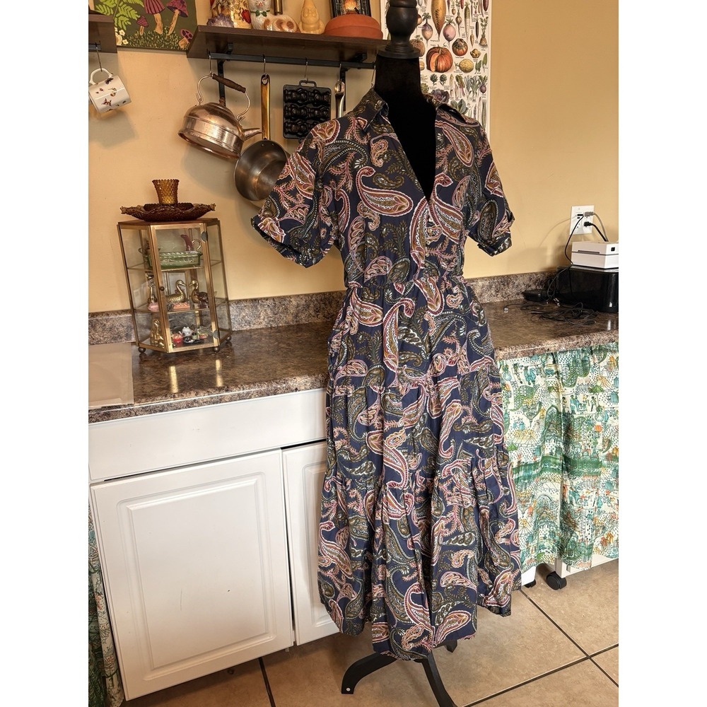 NICHOLAS Silk Cotton Paisley Maxi Dress 6 Tiered Boho Cottagecore Short Slv $600